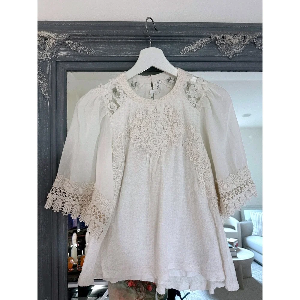 Anthropologie Feather Bone White Armana Lace Trim Crochet Puff Sleeve Blouse XS